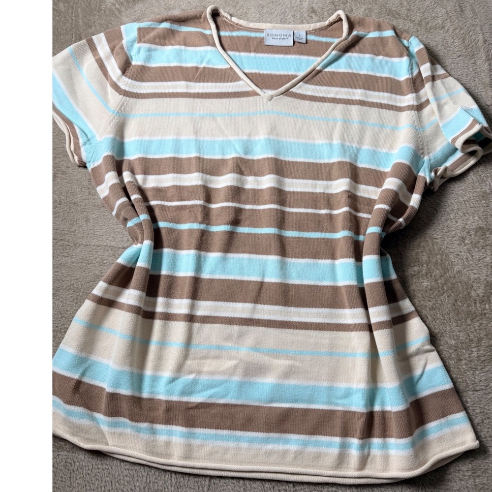 Sonoma Life Style Womens Large Striped Short Sleeve Knit Top Butter Mom y2K